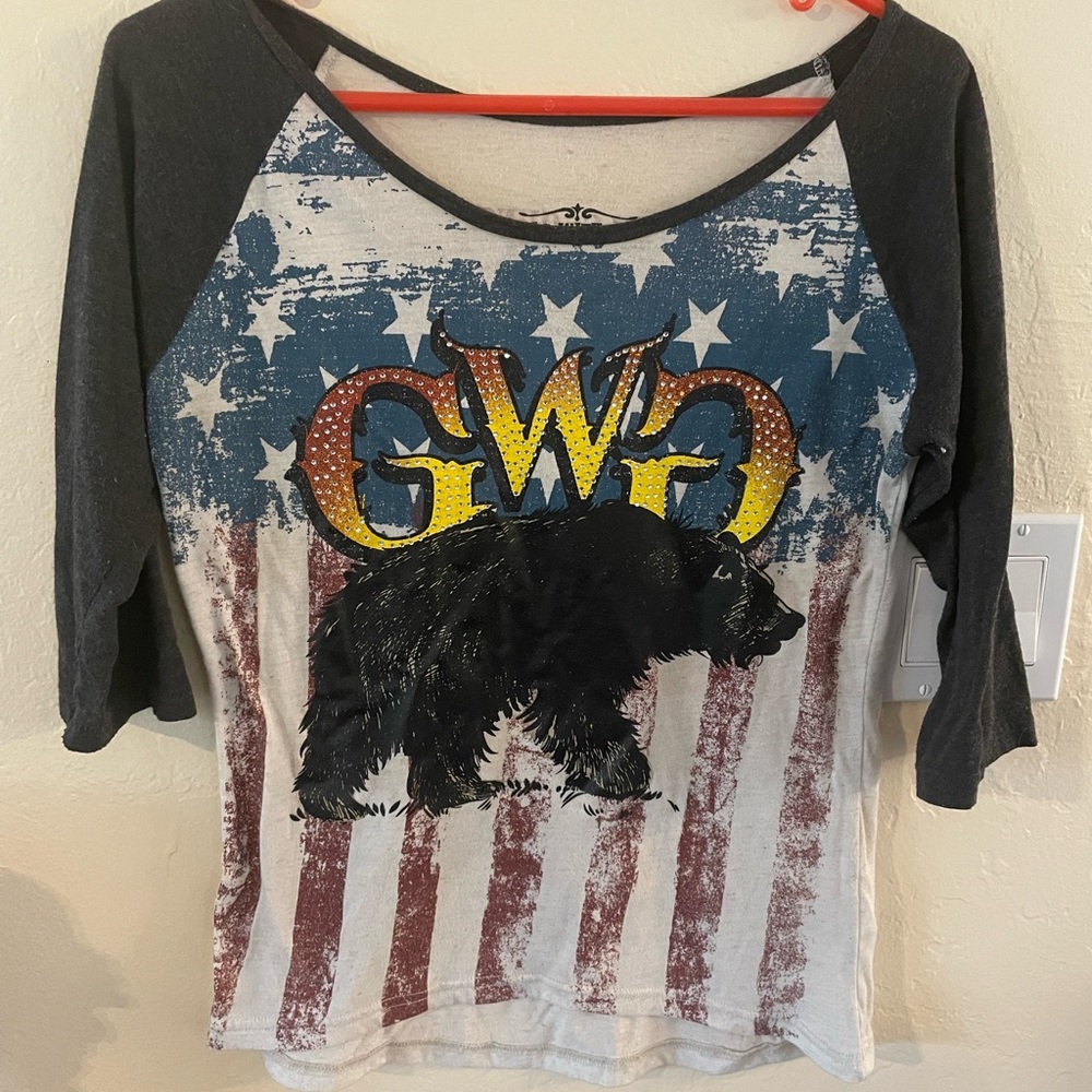 Girls With Guns Top Womens Junior Large Rhinestone Flag Bear
